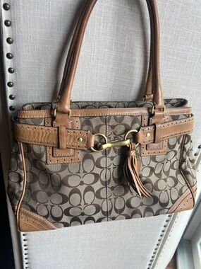 Coach Brown/Tan Signature Canvas Shoulder Bag with Leather Trim